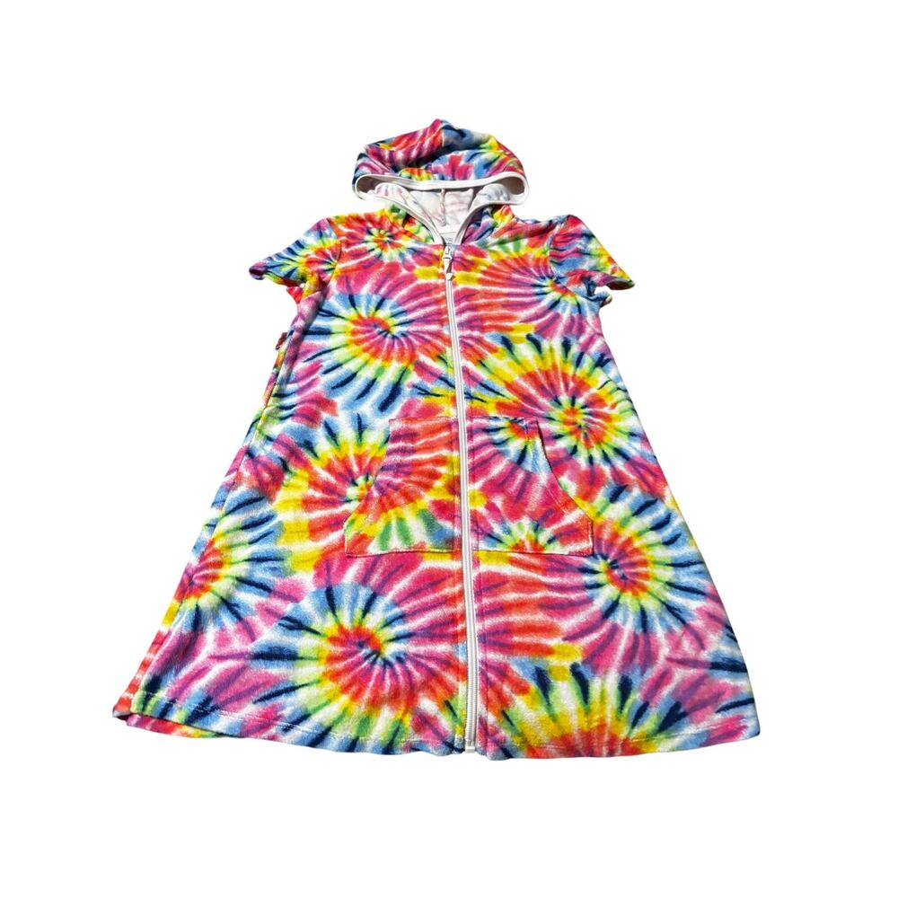 Wonder Nation M 7/8 full front zip tie/dye hooded terry front pocket coverup euc